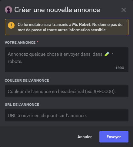 Formulaire ouvert depuis la commande /annonce sur le robot Discord Mr. Robot app