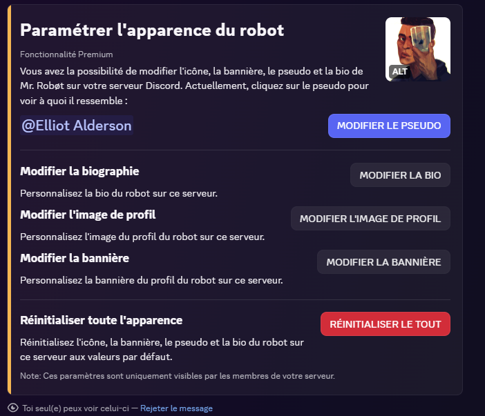 Message ouvert depuis la commande /paramètres-apparence sur le robot Discord Mr. Robot app
